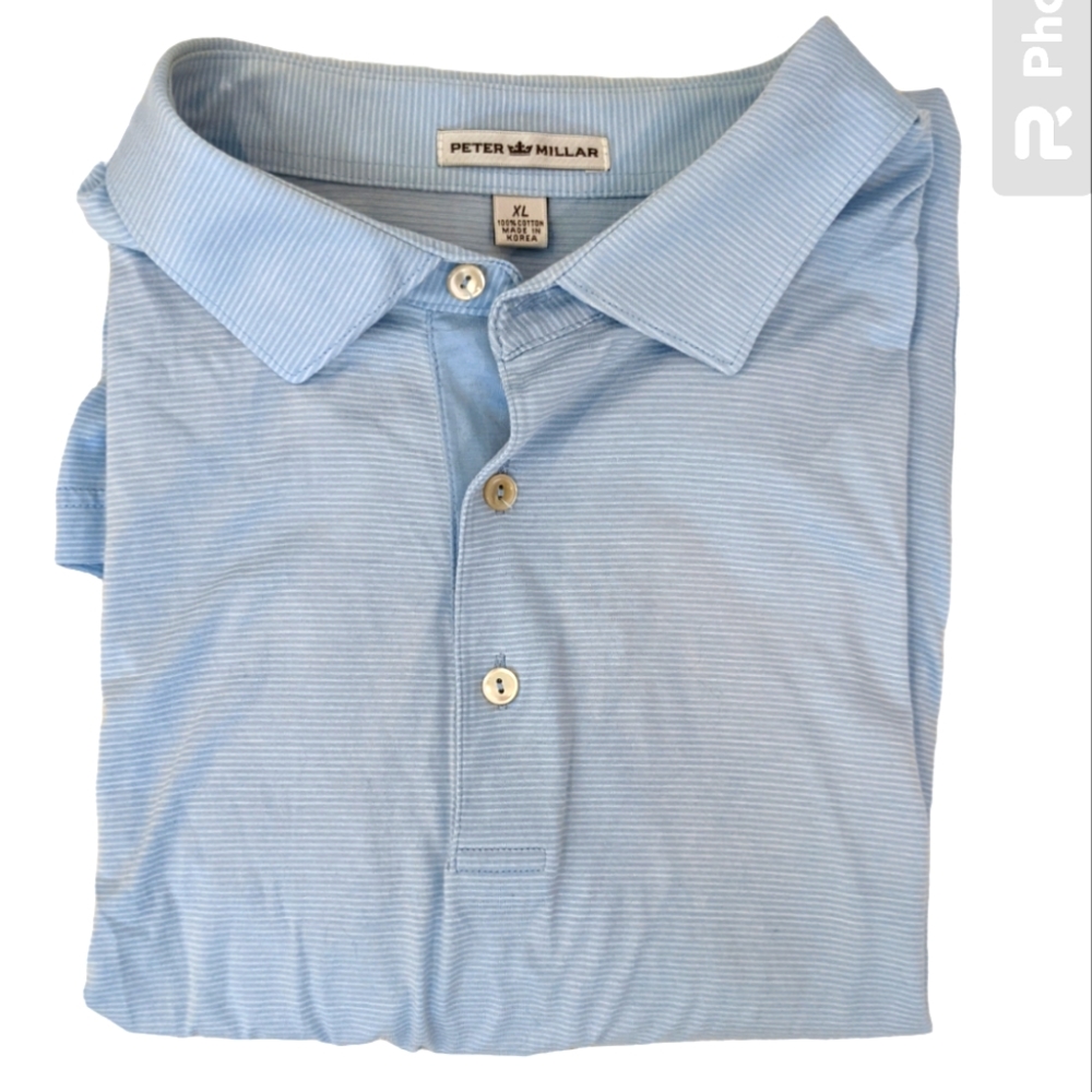 Peter Millar polo shirt 100% cotton light blue & white stripe Men's size XL